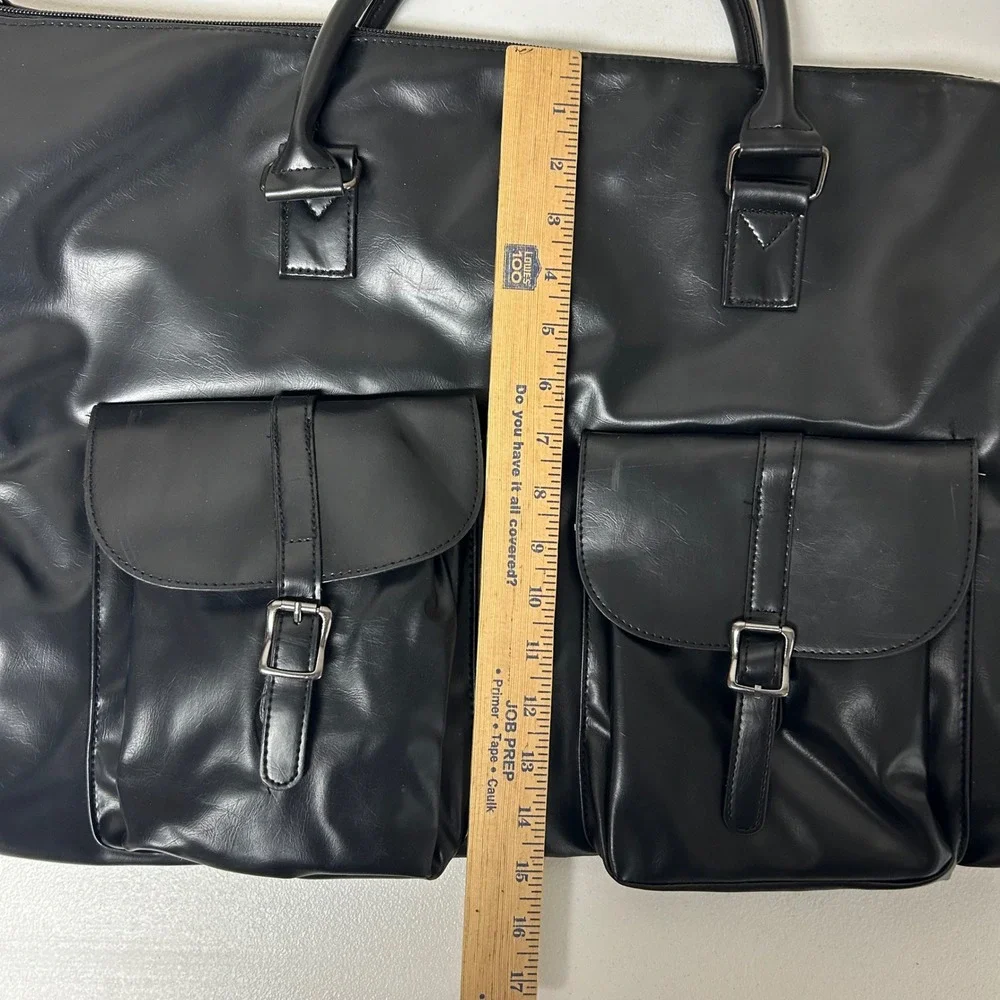 Duffel Bag Large Black Faux Leather Buckle Pocket Travel 15x21.5